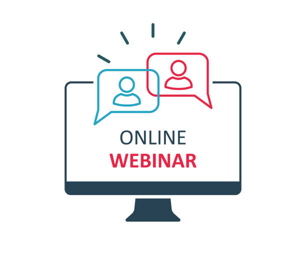 Online webinar communication, internet web conference, distance education, online course, video lecture, work from home icon with people icon - stock vector